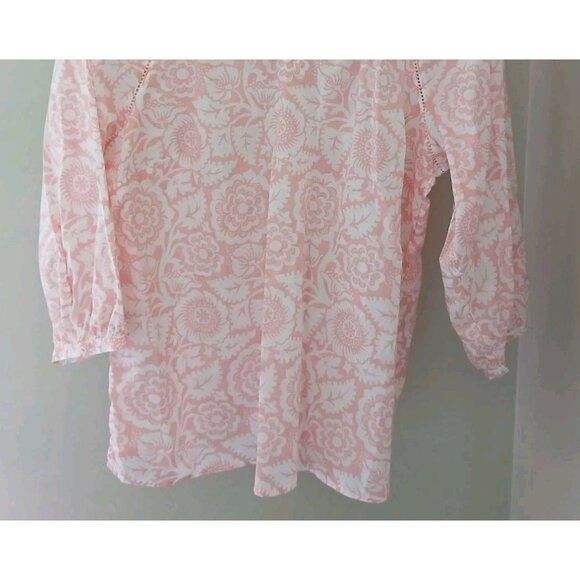 Talbots Smocked V Neck Popover Blouse Size Large Petite Pink Floral Work Lace - Picture 4 of 9